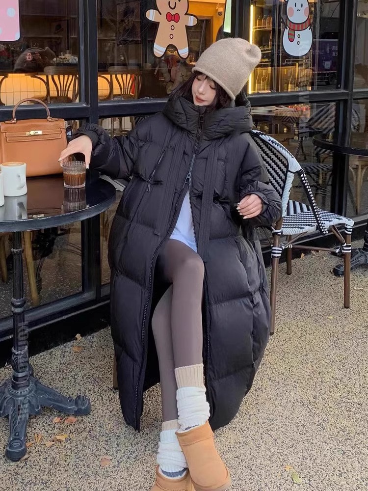 Moda longa feminina inverno para baixo jaqueta solta casacos com capuz engrossar quente pato branco para baixo jaqueta high-end parkas luz outwear