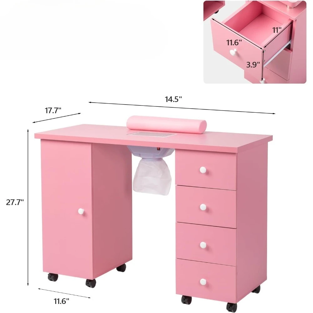 Manicure Table Nail Desk for Nail Tech, Nail Table Beauty Salon Tech Station w/Electric Downdraft Vent, Lockable Wheels