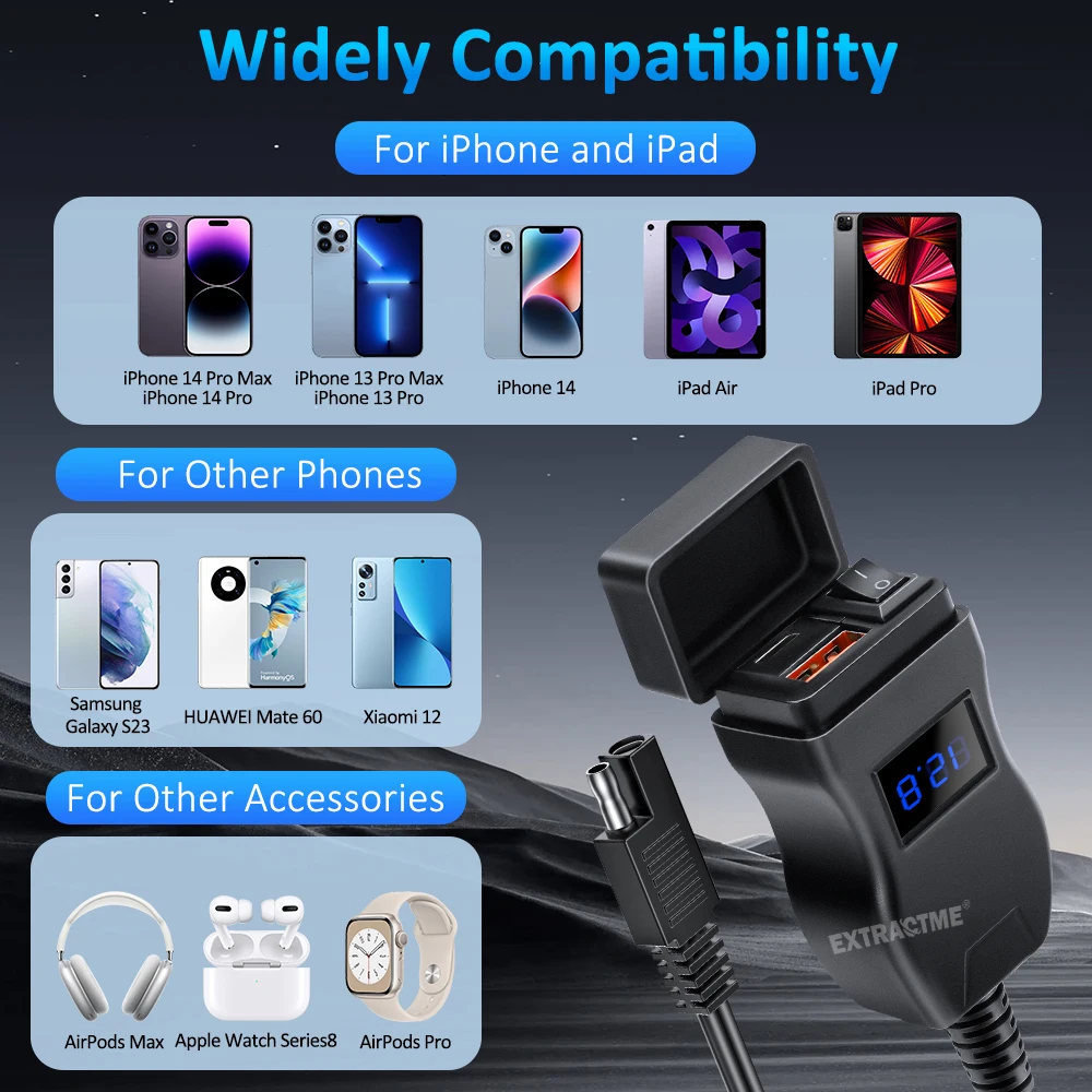 Extractme オートバイ USB 高速携帯充電器防水タイプ C ポートソケットコネクタ携帯電話電圧計デジタル充電