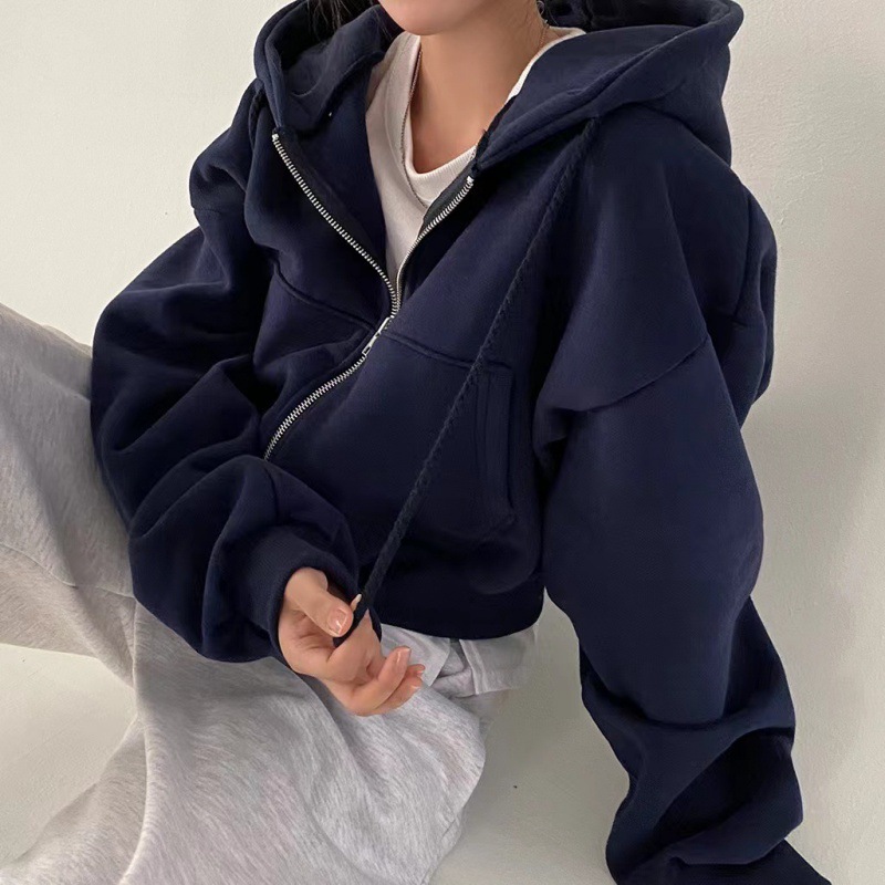 2024 Frühling Herbst Neues, mit Fleece gefüttertes, vielseitiges, abgeschnittenes Slims glättet Silhouette mit Reißverschluss, warmes, marineblaues Kapuzen-Sweatshirt für Damen