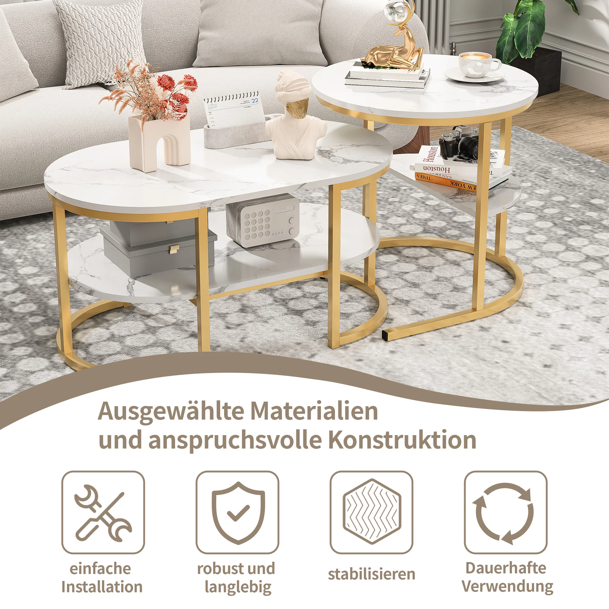 Lazyspace Couchtisch, runder weißer Marmor mit Gold/Schwarz – runder Wohnzimmertisch, 2er-Set für Wohnzimmer – Durchmesser 80 x 52 cm