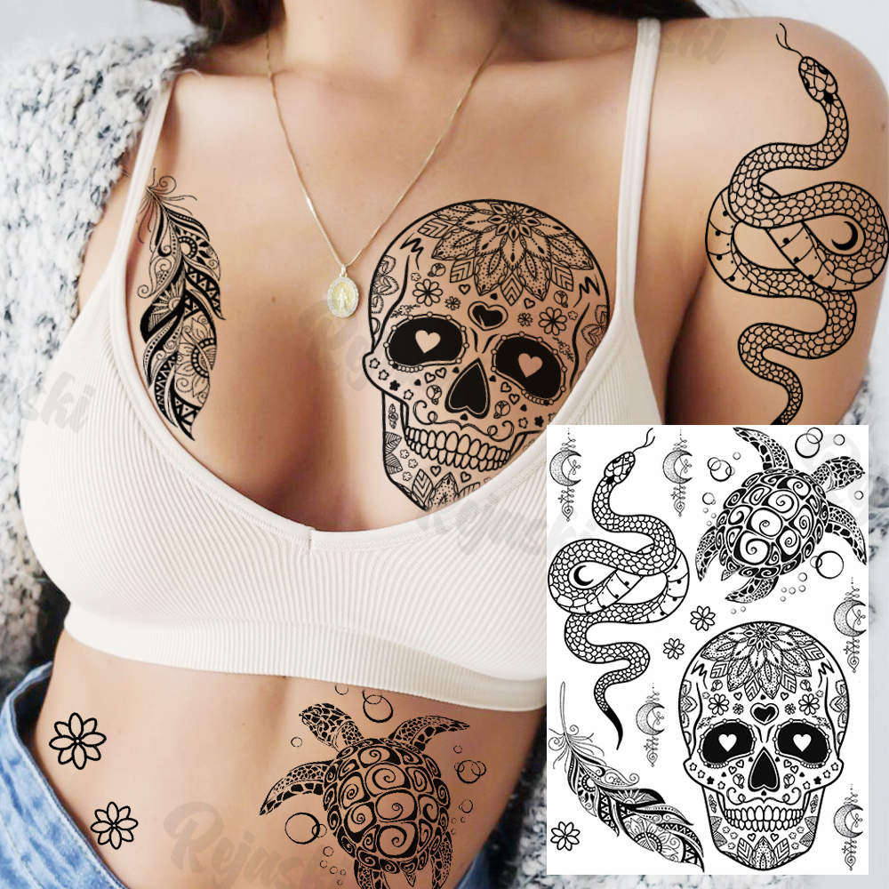 Lotus Henna Mandala หน้าอกรอยสักชั่วคราวสําหรับผู้หญิง Underboob ผู้ใหญ่ผีเสื้อเต่าสิงโตปลอม Tattoo เซ็กซี่รอยสักกันน้ํา