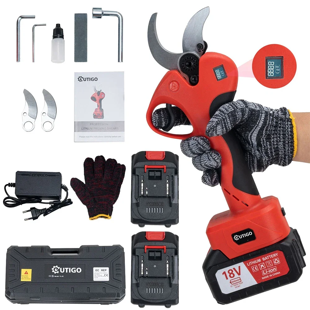 OUTIGO Forbici Potatura Elettriche con 2x3000mAh Batterie, 40 mm, con Display, con Motore brushless per giardinaggio, alberi da frutto, vigneto