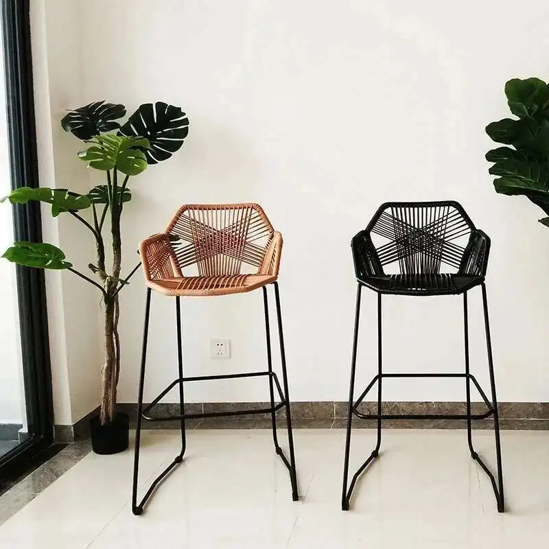 Nordic banqueta de barra minimalista moderno pés altos fezes cadeira rattan lazer encosto simples casa cadeira barra criativa fezes