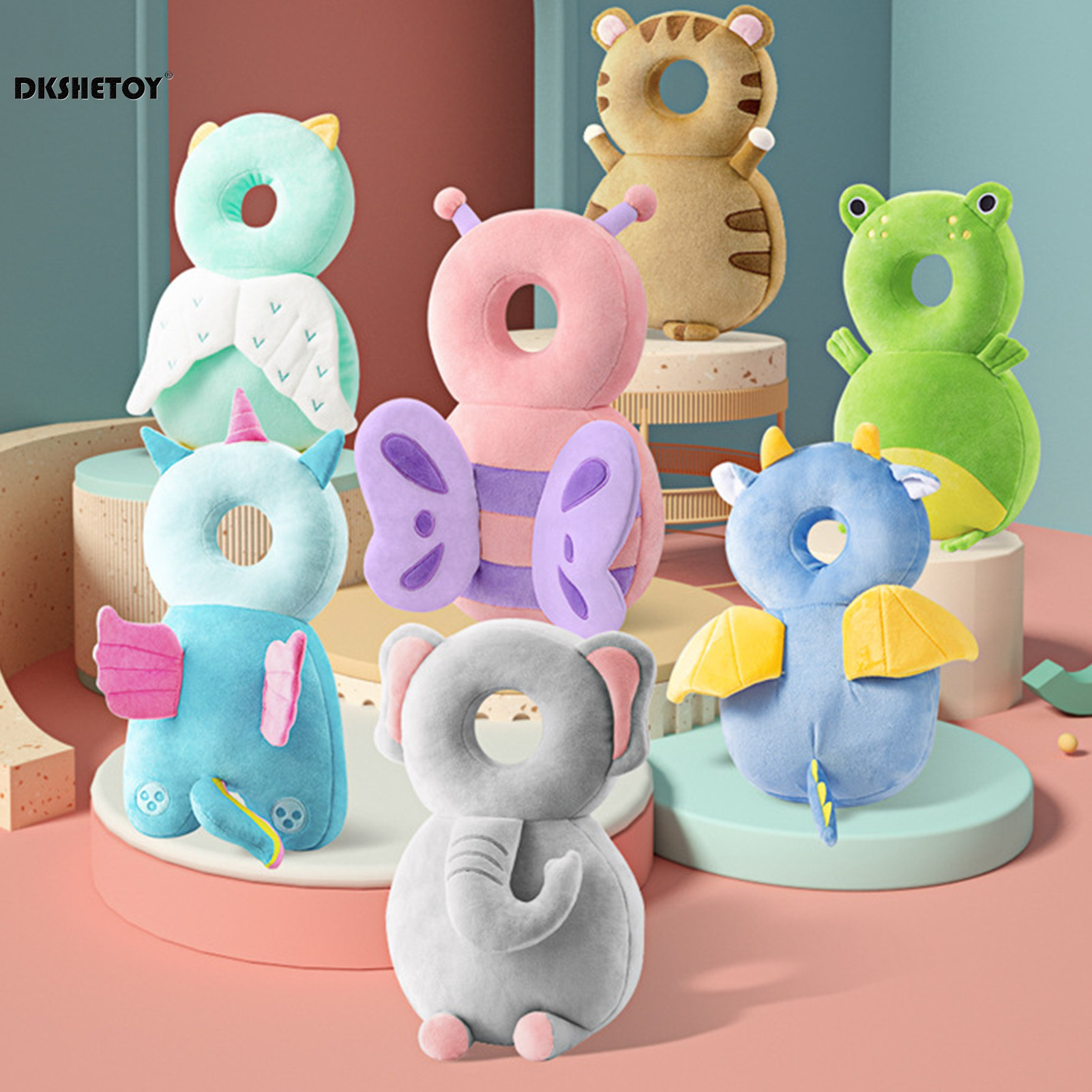Andadores para bebés, cojín de protección para la cabeza, almohadilla de felpa de animales, correas ajustables, almohadilla protectora para bebés, regalo de ducha para bebés pequeños