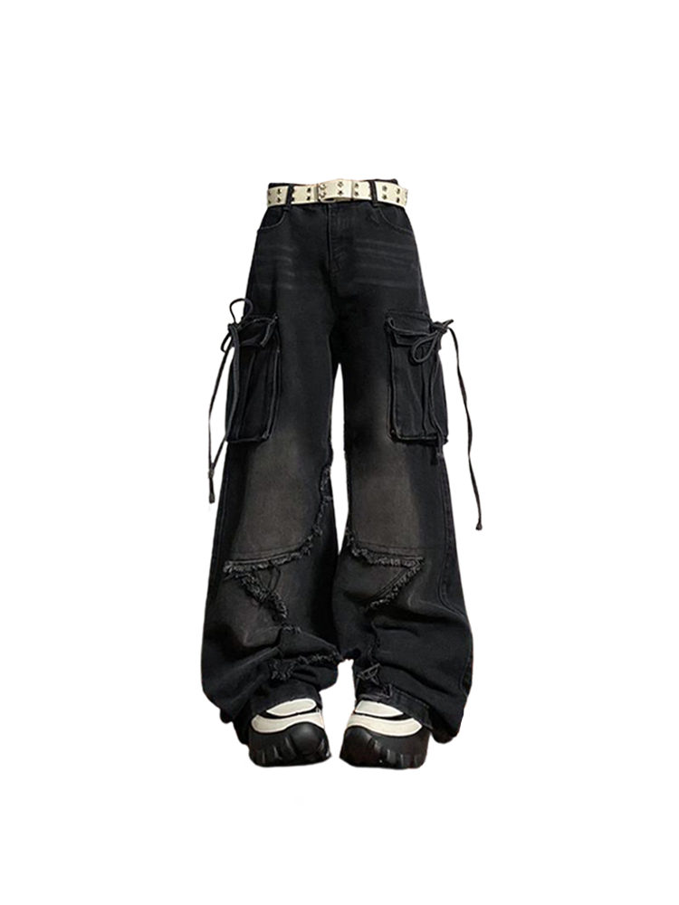 Damen Schwarze Gothic Baggy Cargo Jeans mit Stern Harajuku Y2k 90er Jahre Ästhetische Denim Hose Emo 2000er Jean Hose Vintage Kleidung
