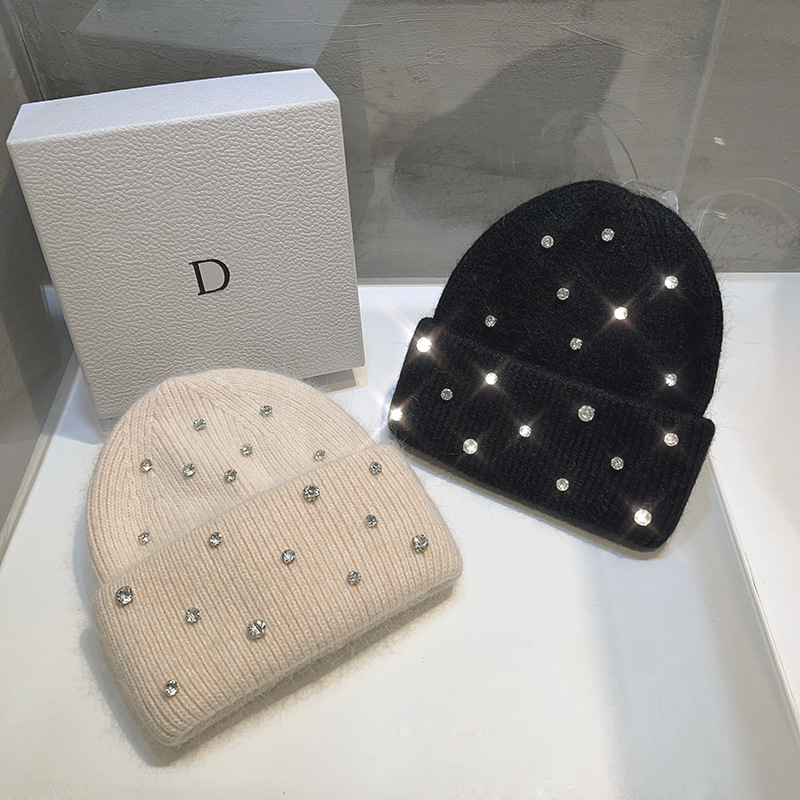 Luxus Strass Perlen Gestrickte Hut Koreanische Frauen Kaninchen Fell Wolle Skullies Kappe Winter Mode Verdickt Warme Motorhaube Beaniees