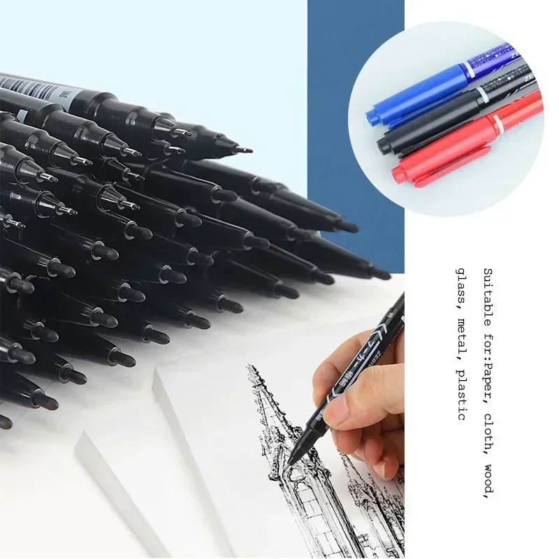 Rotulador permanente de aceite negro/azul/rojo, marcador de doble punta, tinta fina, artículos de papelería, suministros escolares y de oficina, 5/10 Uds.