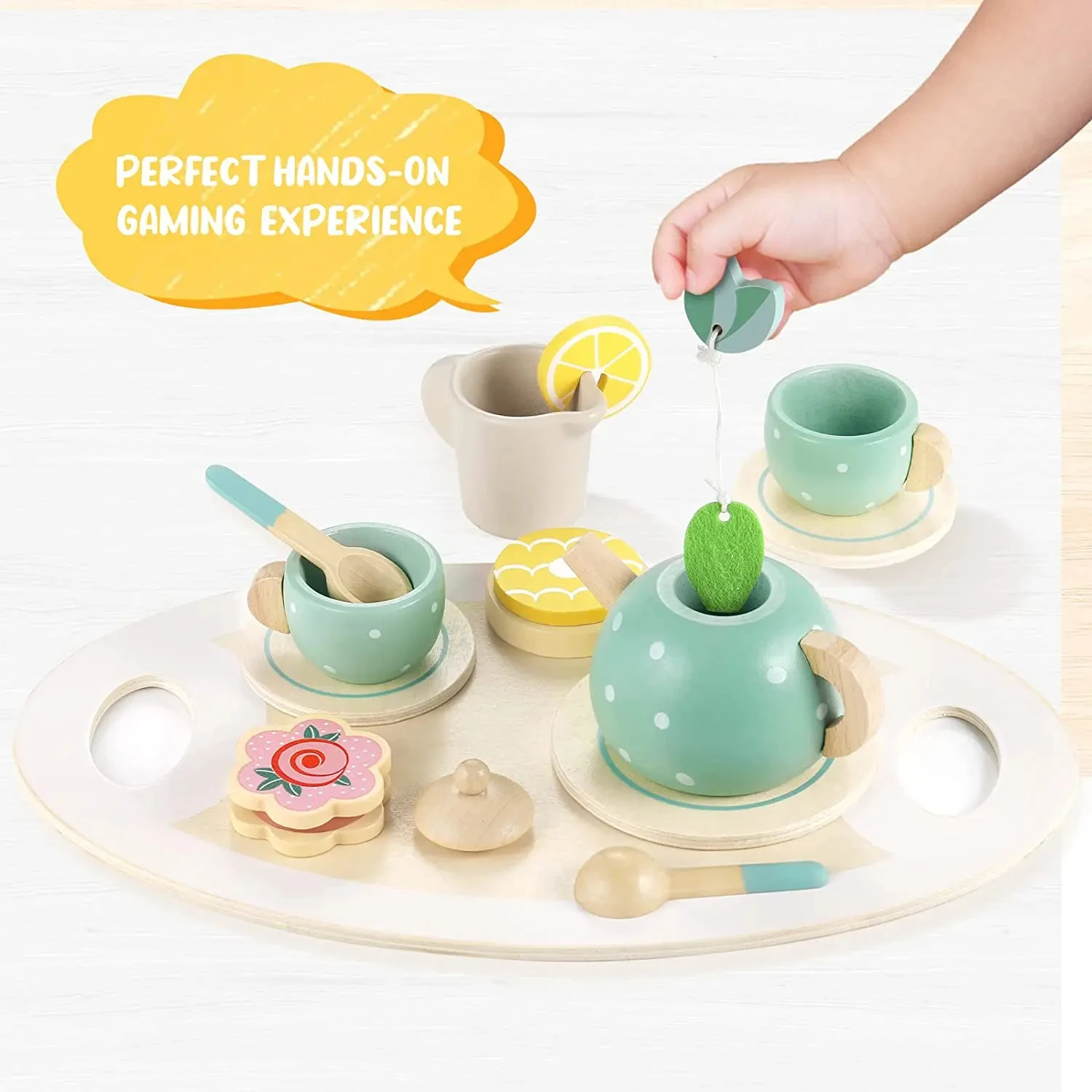 เด็ก Tea Party Tableware ไม้หัตถกรรมของเล่น Pretend Play ชุดสําหรับเด็กวัยหัดเดินของขวัญวันเกิดโปรดปรานของเล่นของขวัญ