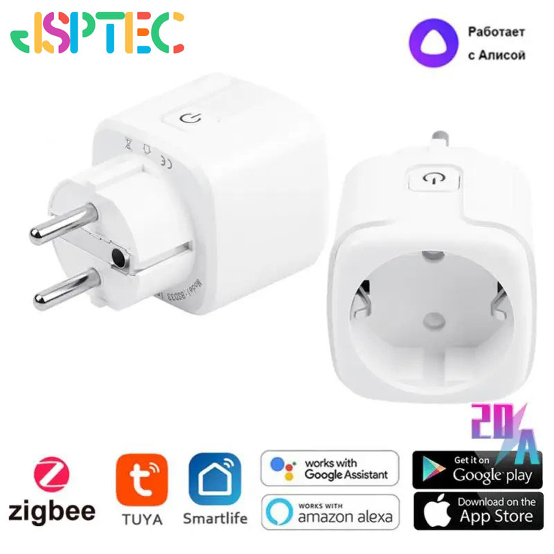 Prise intelligente Tuya Zigbee 20A EU, avec fonction de surveillance de l'alimentation, fonction de synchronisation, commande vocale Via Alexa Google Home Yandex