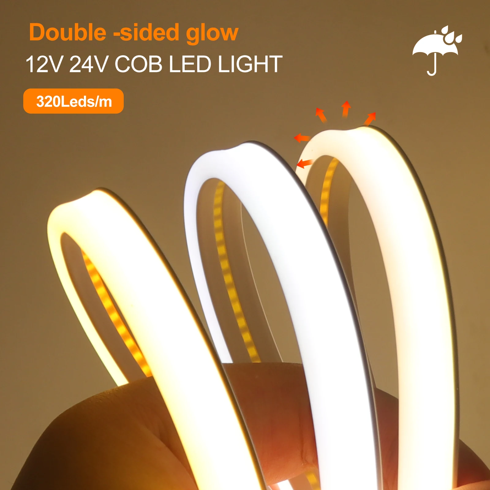 Tira de luces LED COB de 12V y 24V, cinta de neón Flexible, impermeable, doble cara, 320LED, iluminación lineal de alta densidad, 0,5-20M