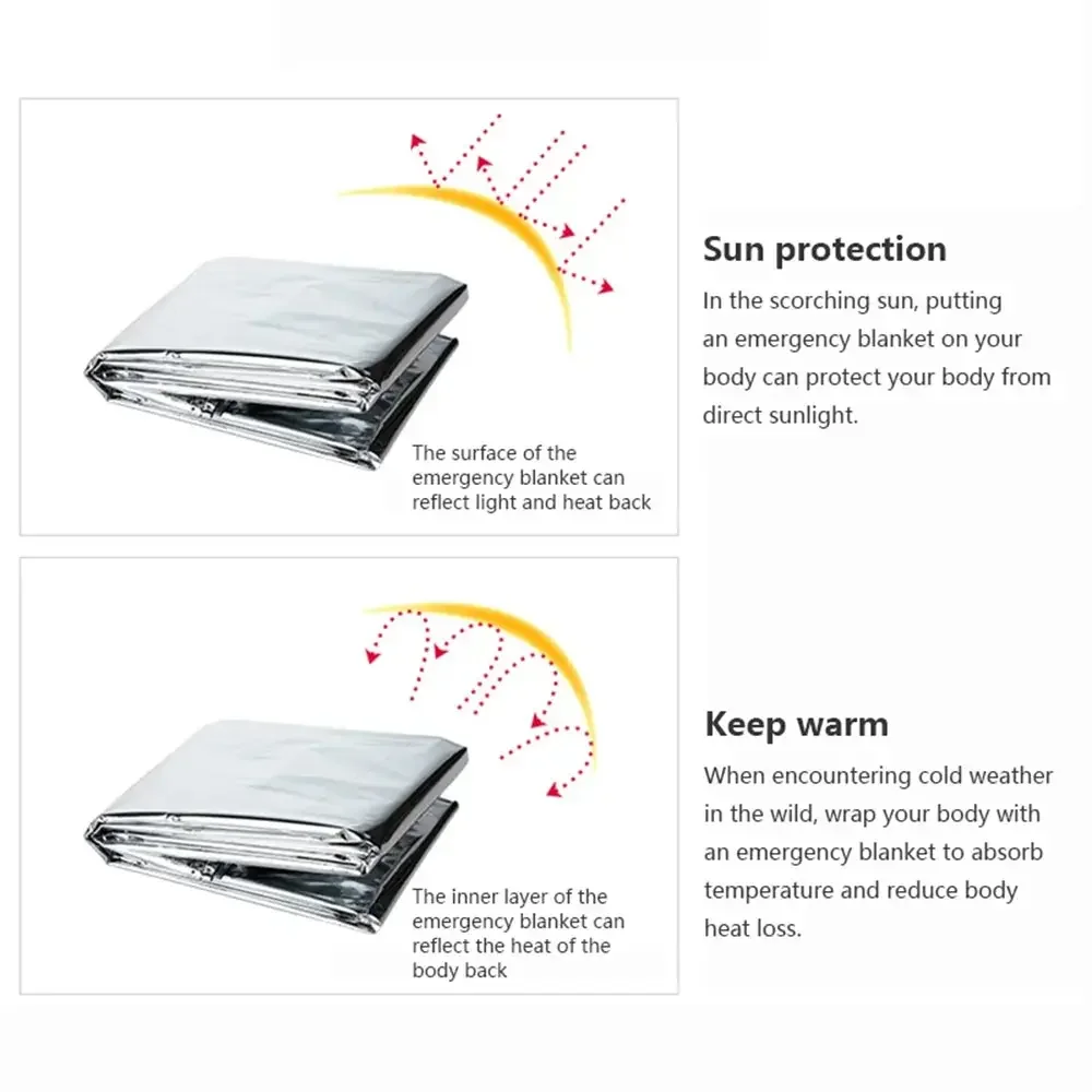Poncho térmico de emergência cobertor leve dobrável resistente à água à prova de vento guarda-sol reutilizável primeiros socorros acampamento esteira almofada capa