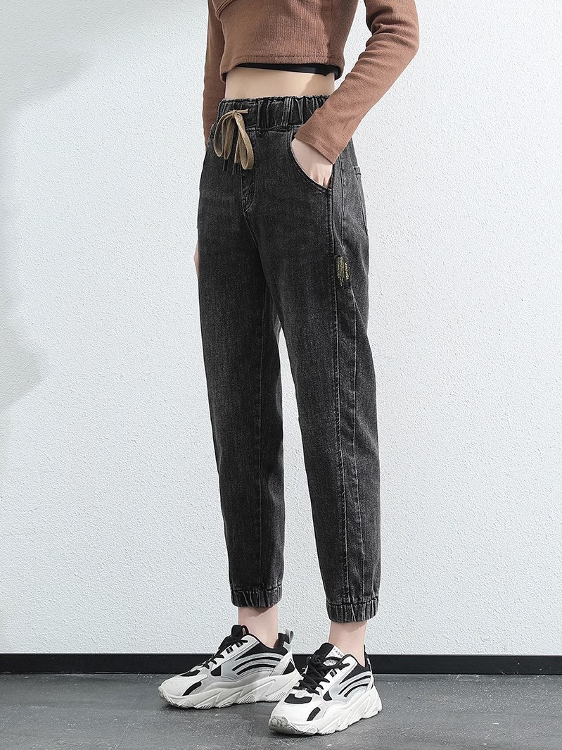 トレンディなショートレディースジーンズハイウエストお父さんハーラン春秋デニムパンツ視覚高さ 150 センチメートルオールドファッションウォッシュ