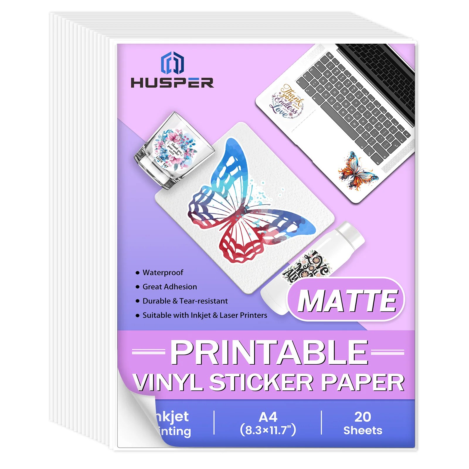20 Sheets A4 Matte Vinyl Stickers Inkjet Printable Self-Adhesive White Decal Sheets Waterproof PP Material for Crafting