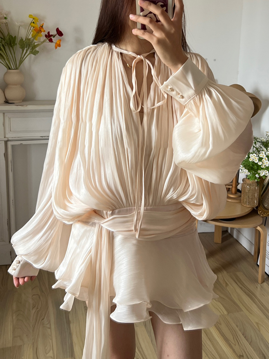 TWOTWINSTYLE, blusa lisa, Mini vestidos para mujer con cuello en V, manga larga, encaje empalmado, vestido de estilo dulce, ropa femenina a la moda