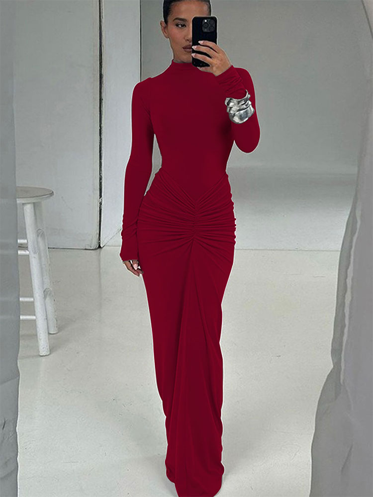 ชุดสตรีฤดูใบไม้ร่วงใหม่Streetwearเซ็กซี่แฟชั่นพับO-คอยาวแขนยาวลําลองSlim Maxi Dresses Elegantชุดถัก