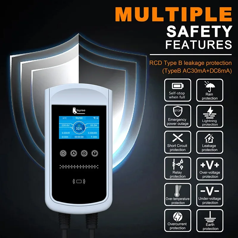 Feyree Type2 EV Carregador 32A 7.6KW Estação de Carregamento Carregador de Carro 11KW 22KW 3 Fase EVSE Wallbox Tela de 4,3 polegadas Controle de APP Inteligente