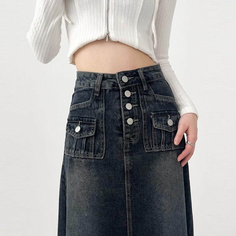 Saia jeans de cintura alta para mulheres, linha A longa, comprimento médio, borda retrô crua, roupas femininas, estilo coreano, outono, Y2k