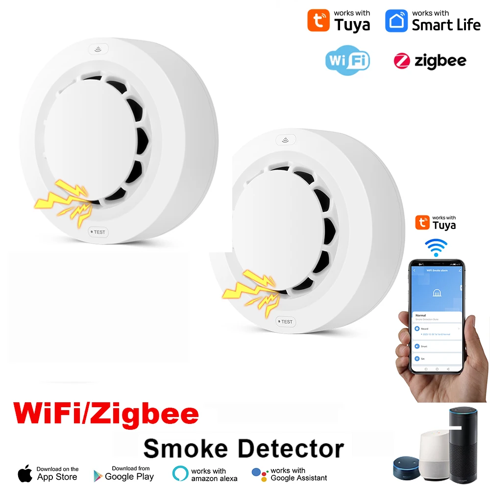 Tuya WiFi/Zigbee Rilevatore di fumo Sensore fotoelettrico Allarme antincendio Sistema di sicurezza per cucina domestica Funziona con l'APP Smart Life