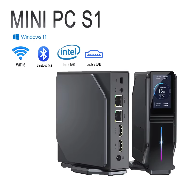 S1 Mini Pc Intel Twin Lake N150, 16g Ddr4 512g Ssd, 1.9-Inch Lcd Smart Screen, 4K Dual Hdmi, Lan Ports Magnetic Detachable Shell