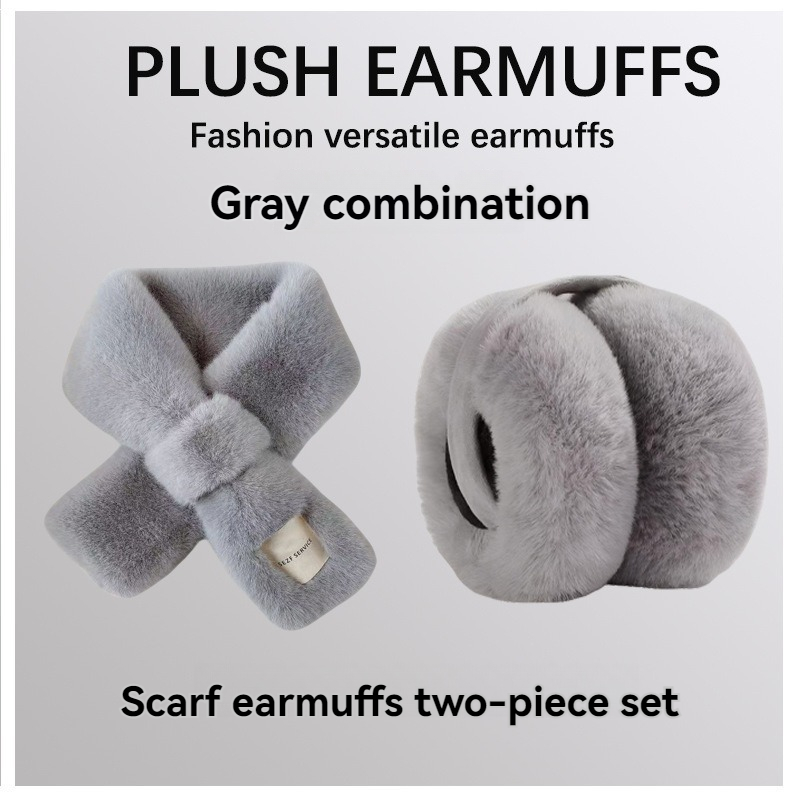 Winter Warm Set Fashionable Fluffy Rabbit Hair Imitation Scarf and Ear Cuffs Two piece Set Neck and Ear Cuffs, Designed Thicker