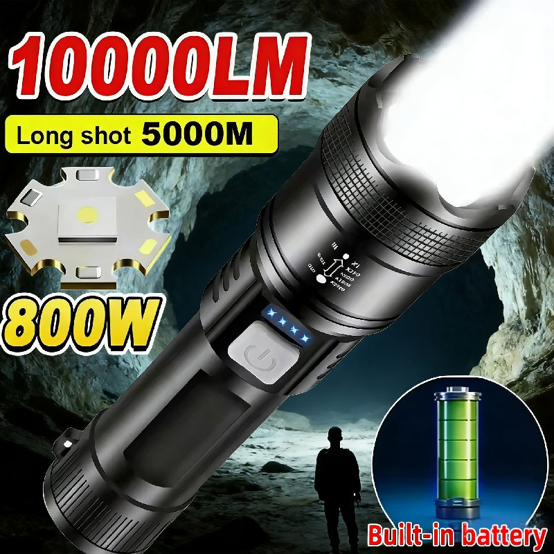 5000LM Ultra Bright Tactical Light Built-in Battery Powerful P70 LED Flashlights Emergency Spotlight Telescopic Zoom Flash Light