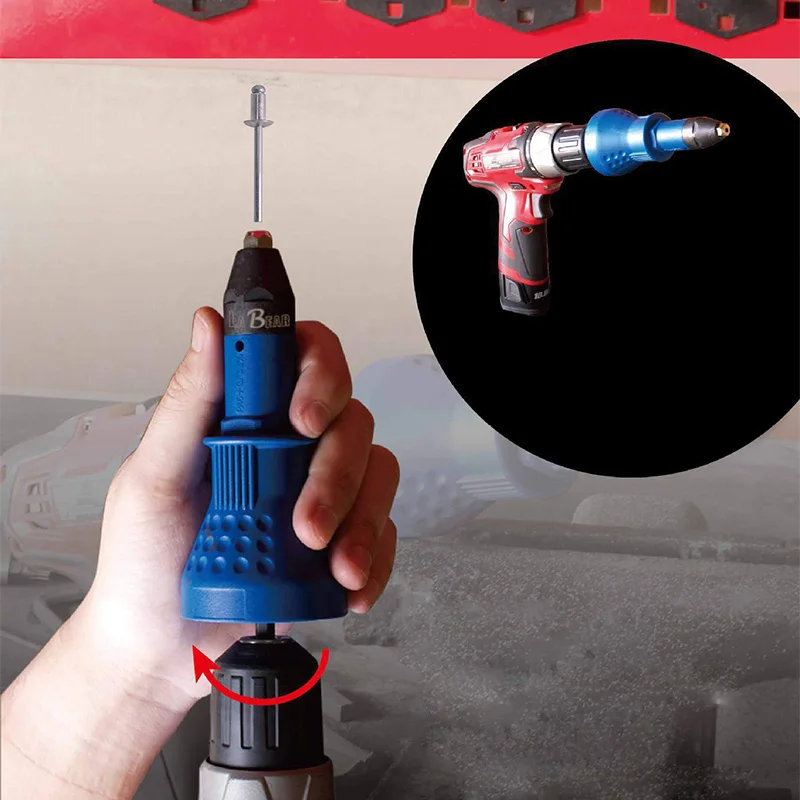 Elétrica Rivet Nut Gun Ferramenta de rebitagem Adaptador de broca de rebitagem sem fio Insert Riveting Drill Adapter, Nut Tool Acessórios