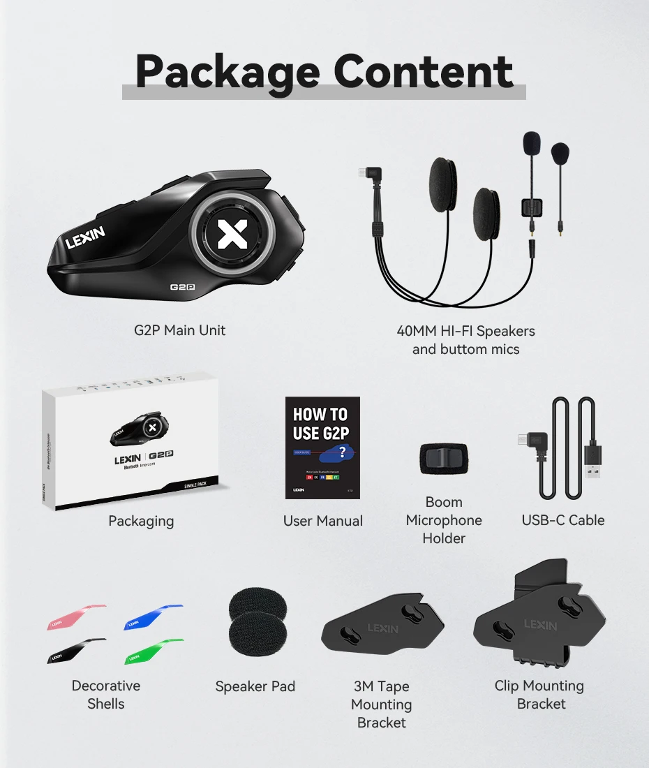 Lexin G2P-auriculares Bluetooth para casco de motocicleta, comunicador manos libres de hasta 6 conductores, interfono con Radio FM