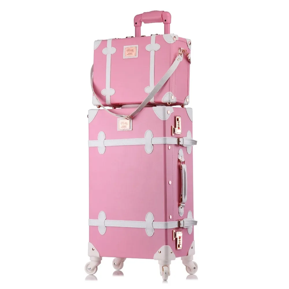 Conjunto de bagagem de couro PU para mulheres, cabine rosa com rodas, carrinho retrô, moda para meninas, 20 ", 24", 26"