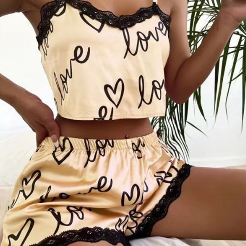 Novas senhoras bonito sexy impresso pijamas 2 peças primavera/verão casa wear moda rendas retalhos suspensórios conjunto