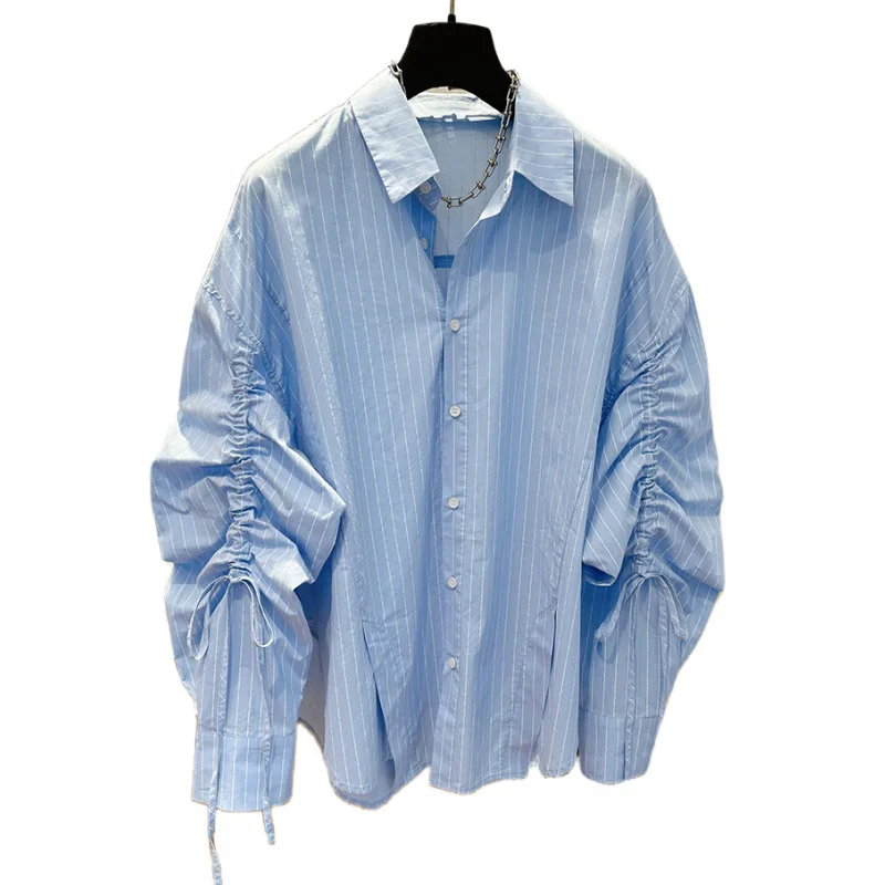Doce blusa de manga comprida com gola virada para baixo para mulheres, camisas com cordão, novo design, tops de moda, 2024