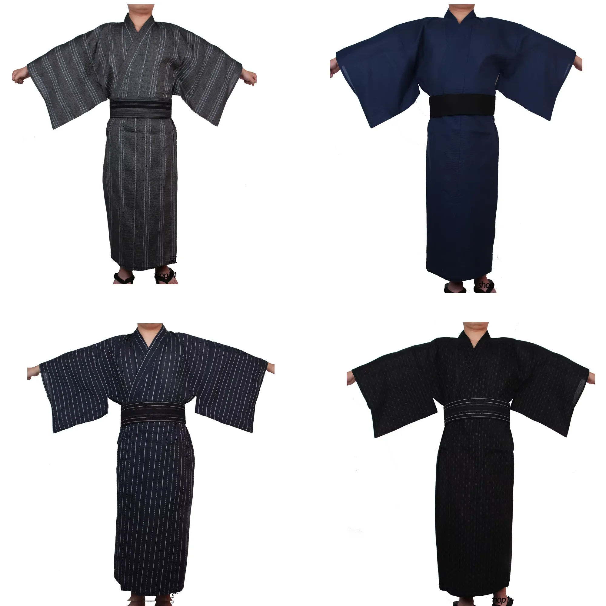 Letnie granatowe japońskie tradycyjne kimono samurajskie dla mężczyzn Yukata szlafrok Hekoobi luźny styl Homewear pas długa suknia bawełniana