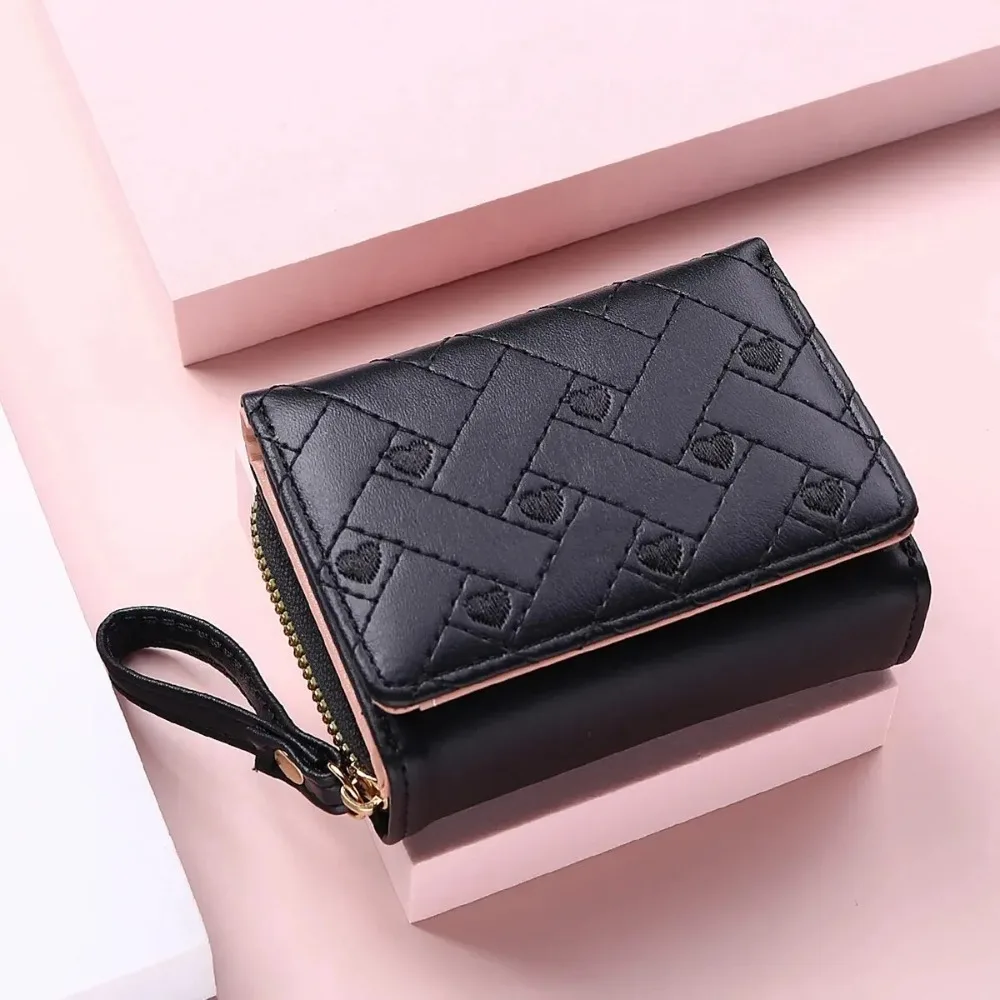 Cartera corta bordada Love Zero para mujer, hebilla con cremallera, tarjetero de gran capacidad, moda versátil, Simple