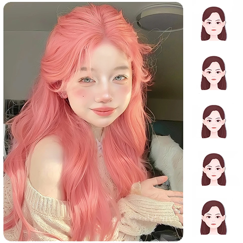 핑크 가발 긴 물결 모양의 합성 가발 중간 부분 자연 웨이브 가발 내열성 코스프레 파티 일일 헤어 가발 여성에게 적합 LM