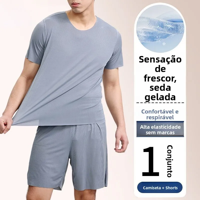 Conjunto de Pijamas de Seda Modal com Manga Curta, Roupas Leves para Casa para Homens, Novo Estilo de Verão, Versátil e Confo...