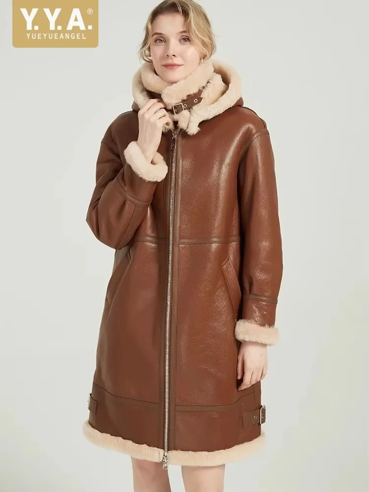 Winter Frauen Warme Wolle Pelz Futter Langen Mantel Mit Kapuze Schaffell Echtes Leder Jacke Gerade Natürliche Lammfell Mantel Echtpelz