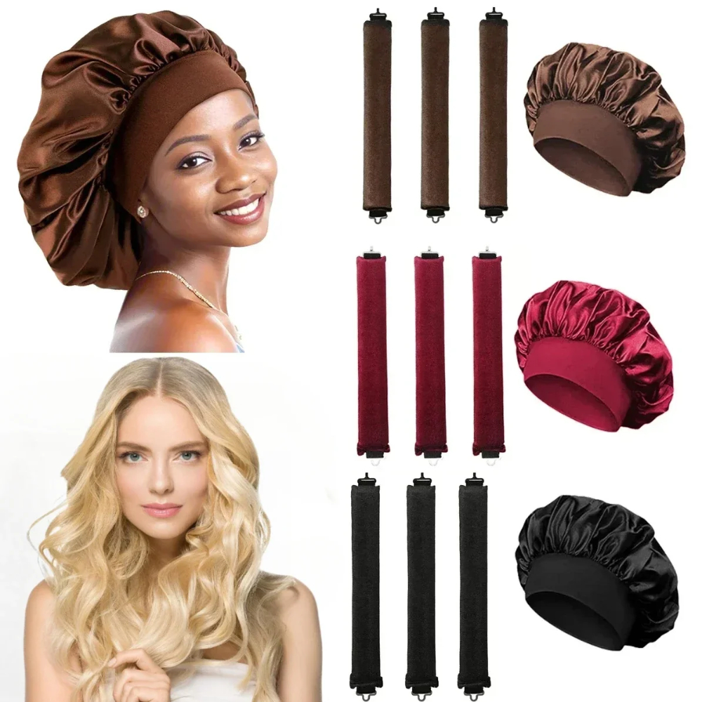 Modelador de cabelo sem calor, conjunto de touca de dormir de cetim, sem calor, rolos de cabelo, haste de ondulação, bandana, modeladores macios, cachos preguiçosos, chapéu noturno