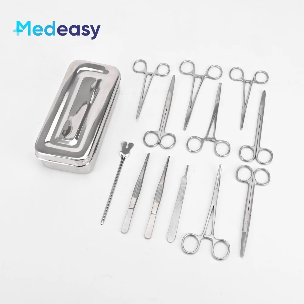 Juego de caja de instrumentos quirúrgicos de vendaje de cirugía menor básica de acero inoxidable de 13 piezas