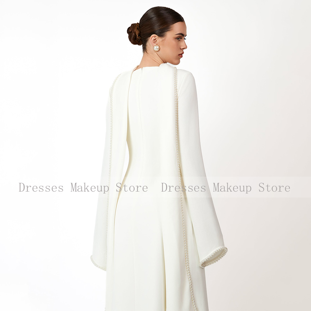 Bescheidene Abendkleider mit langen Ärmeln, O-Ausschnitt, A-Linie, 2025, Damen-Abendkleider mit Schal, Perlen, elegantes Hochzeitskleid, Elfenbeinfarben