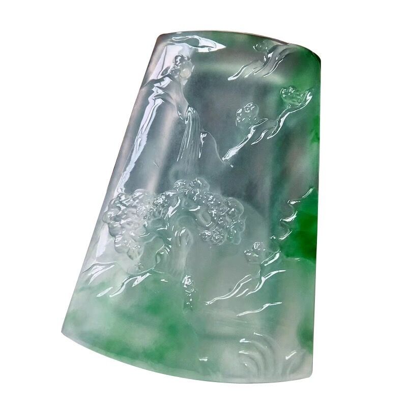 Natural birmanês processado jadeite mina velha tipo gelo verde completo paisagem pingente flor para homens e mulheres pingente de jade