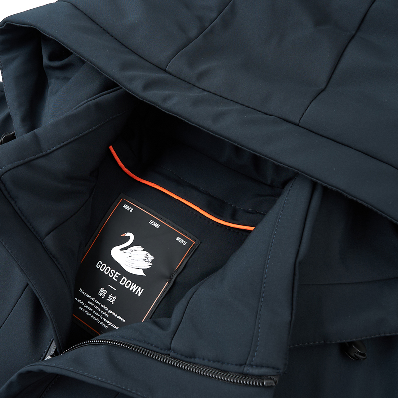 YX-2612 Herren-Daunenjacke mittler bis lang, verdickt und warm für den Winter, dicker weißer Entendaunenkuchen, lässige Jacke überwindend