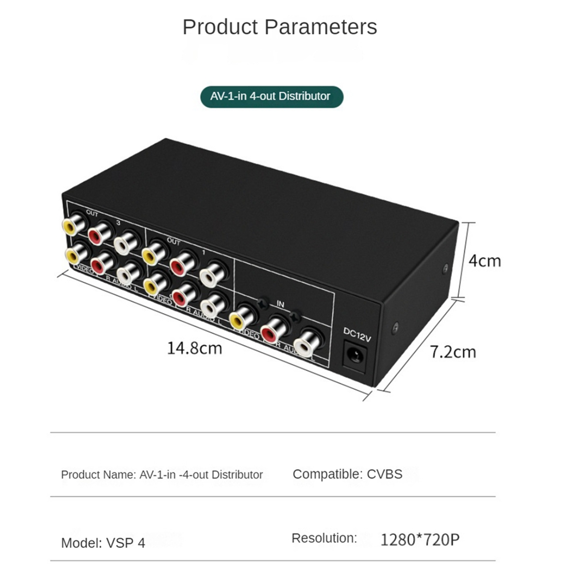 XFDE 4-Way AV Splitter 1 in 4 Out Composite RCA AV Splitter 1X4 Video Audio RCA Splitter Distributor for DVD C-VBS US Plug