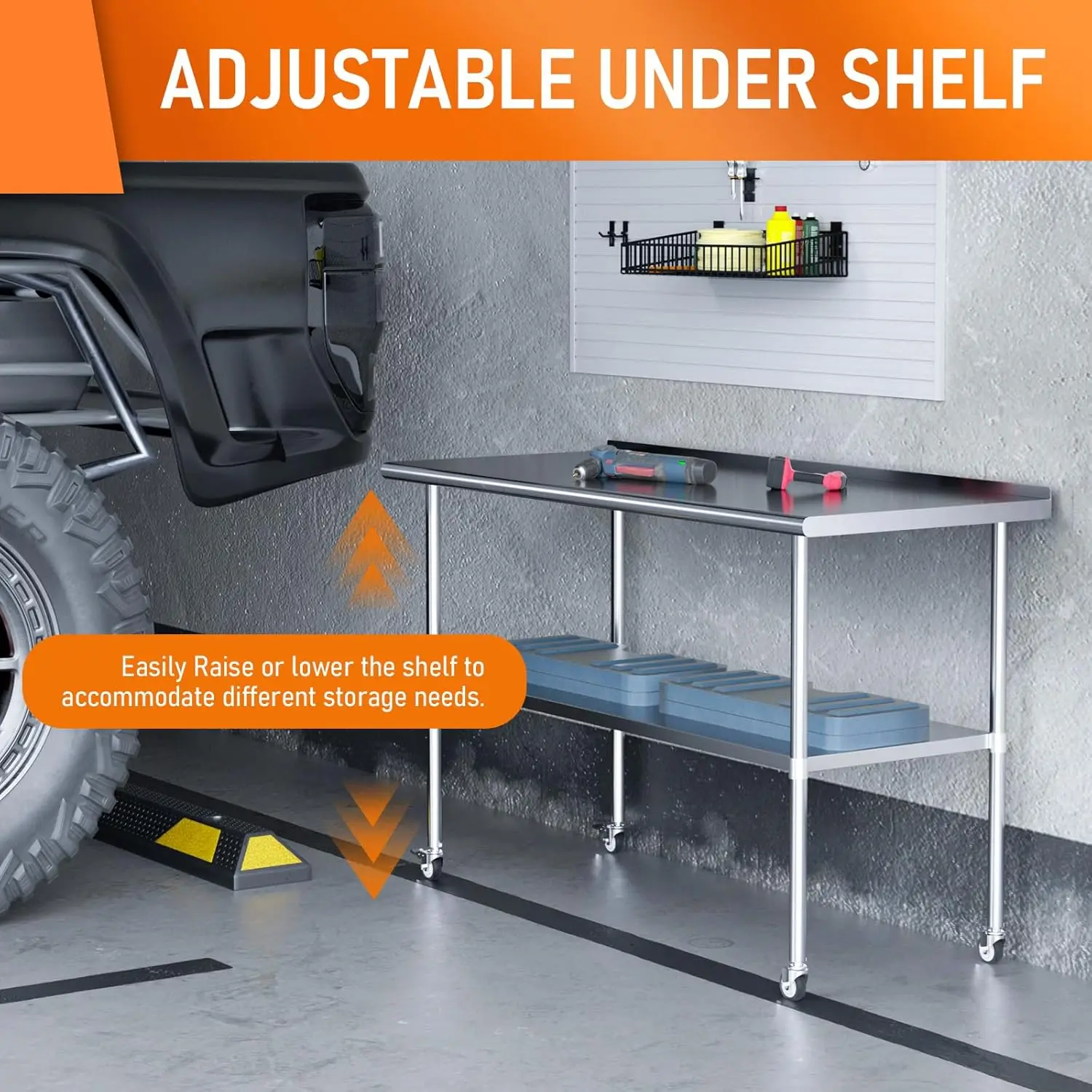 Prep & Work Table with Adjustable Shelf, with Backsplash and Wheels, Kitchen Island, Commercial Workstations, Ut