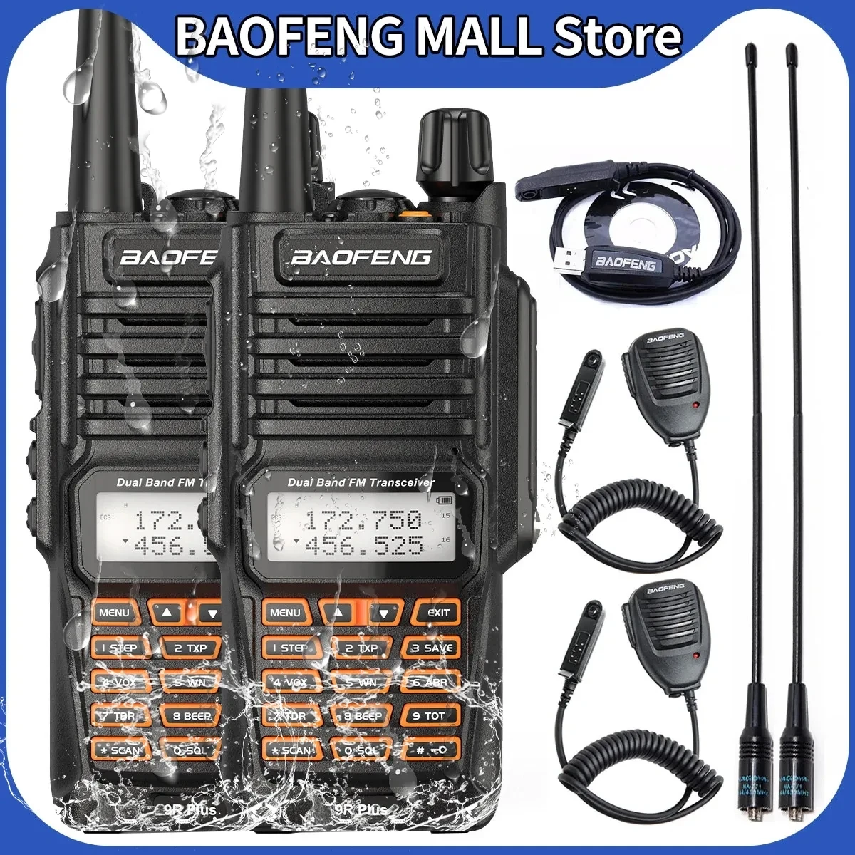 2 uds Walkie Talkies impermeable Baofeng UV-9R PLUS 10W portátil CB Ham Radio transceptor VHF UHF Radio bidireccional uv9r plus Hunt 10KM