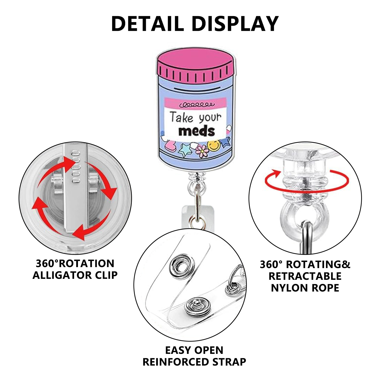 Botella de medicina acrílica brillante, carrete de insignia de enfermera, soporte de identificación retráctil con Clip de cocodrilo giratorio 360, soporte de nombre