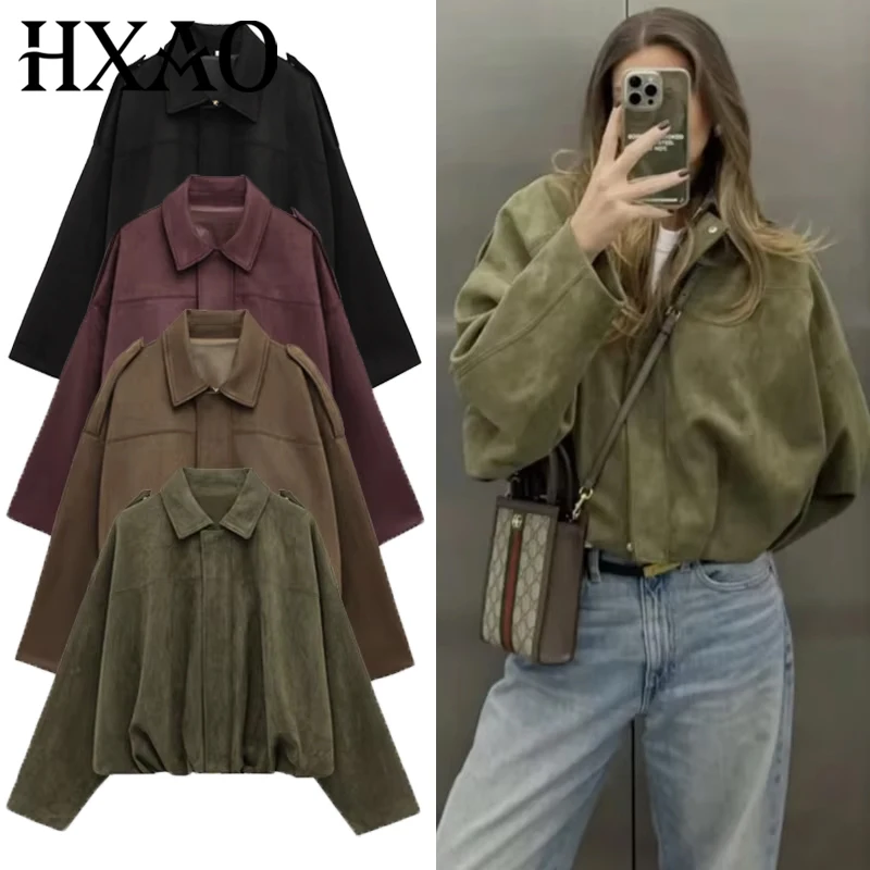 HXAO Chaqueta Bomber para mujer, chaqueta de ante con cremallera y solapa de manga larga para mujer, chaquetas de carreras recortadas de calle 2025, abrigos, prendas de vestir exteriores