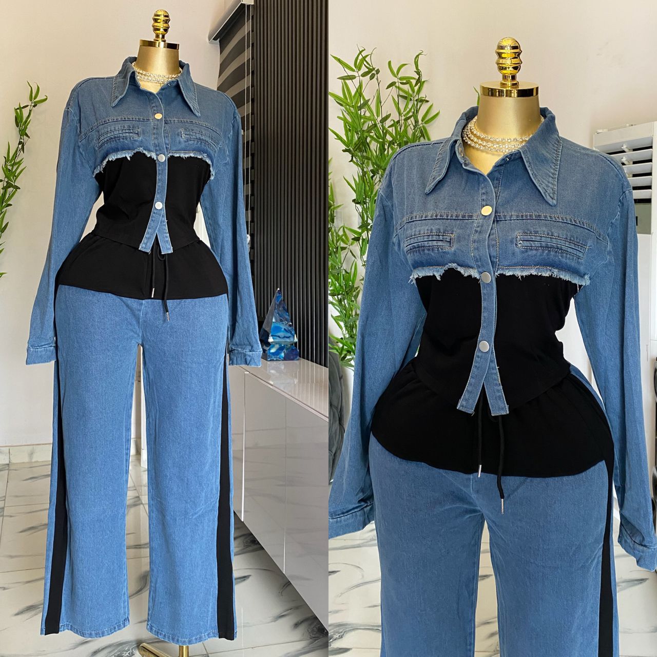 Zwei Stück Sets Frauen Hose Set Denim Splice Passenden Sets Frühling Top Breite Bein Lange Hosen Beiläufige Lose Spitze Up Hohe Taille Jogger