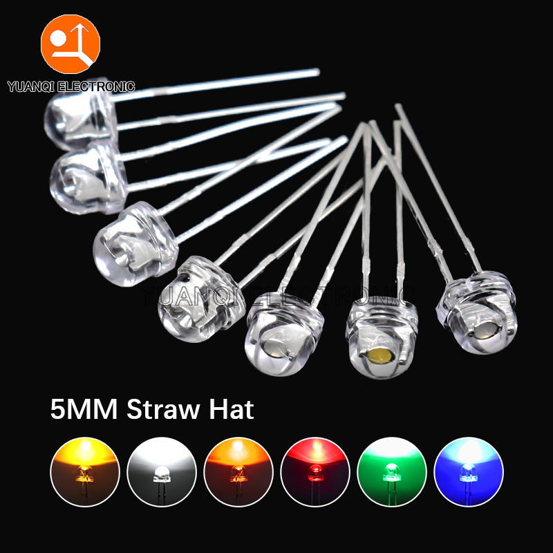 50 Uds. Diodo LED de sombrero de paja de 5mm blanco superbrillante 0,3 W 0,5 W 0,75 W F5 diodo emisor de luz rojo amarillo verde azul blanco cálido