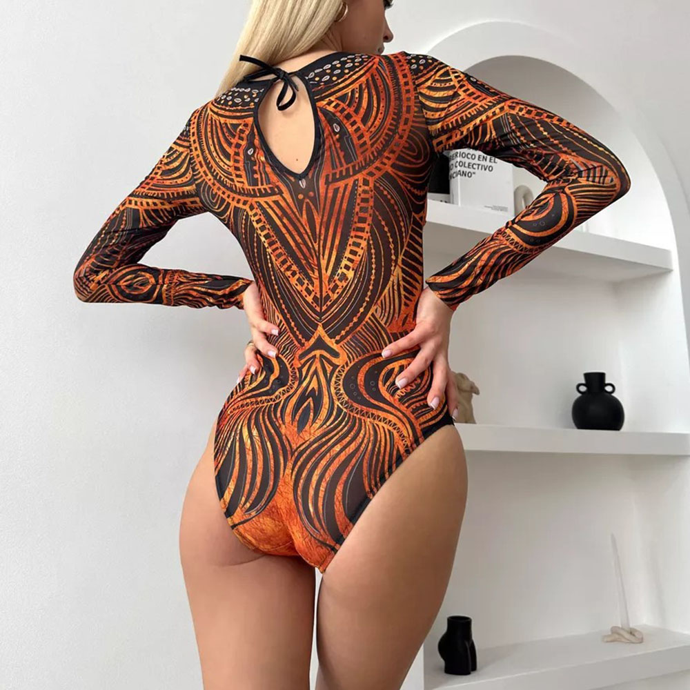Damen-Badeanzug mit Retro-Print, U-Ausschnitt, gepolstert, langärmelig, einteilig, hoch geschnittene Badeanzüge, Badebekleidung, Body