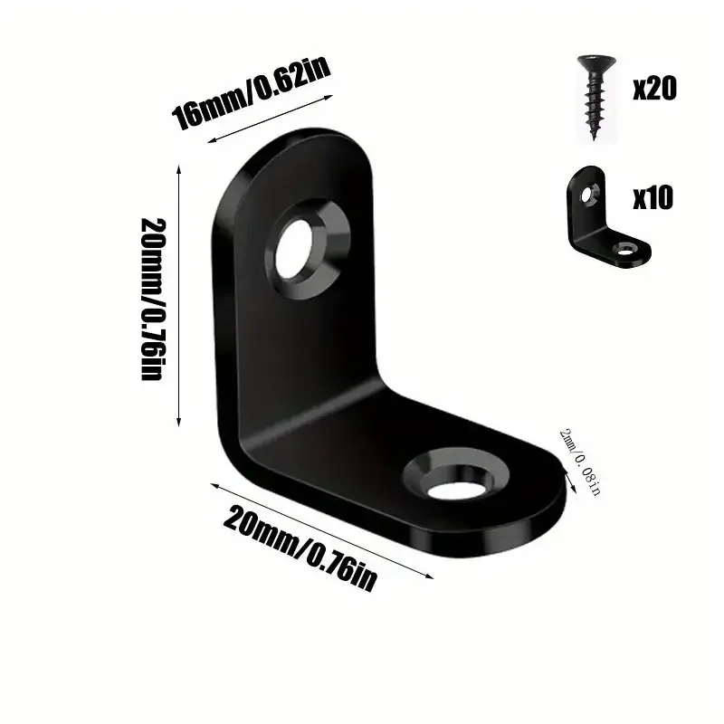 36 unids/caja negro en forma de L accesorios de soporte de ángulo recto con tornillos conexión resistente conector de ángulo armario fijo